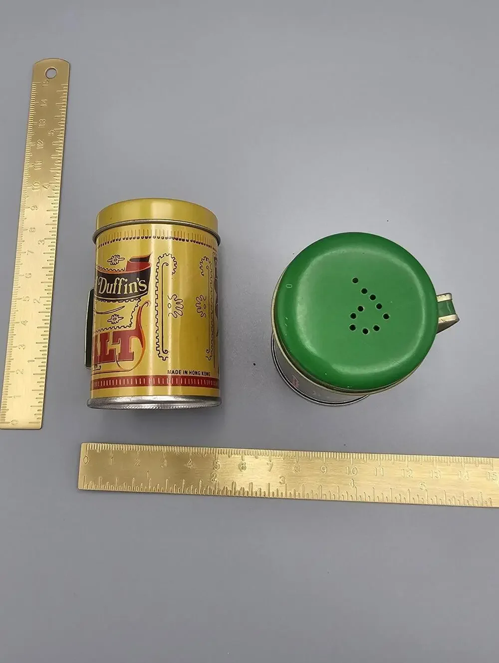 Vintage Percival Duffin's Salt and Elton Kirby's Pepper Shakers - Metal Canister